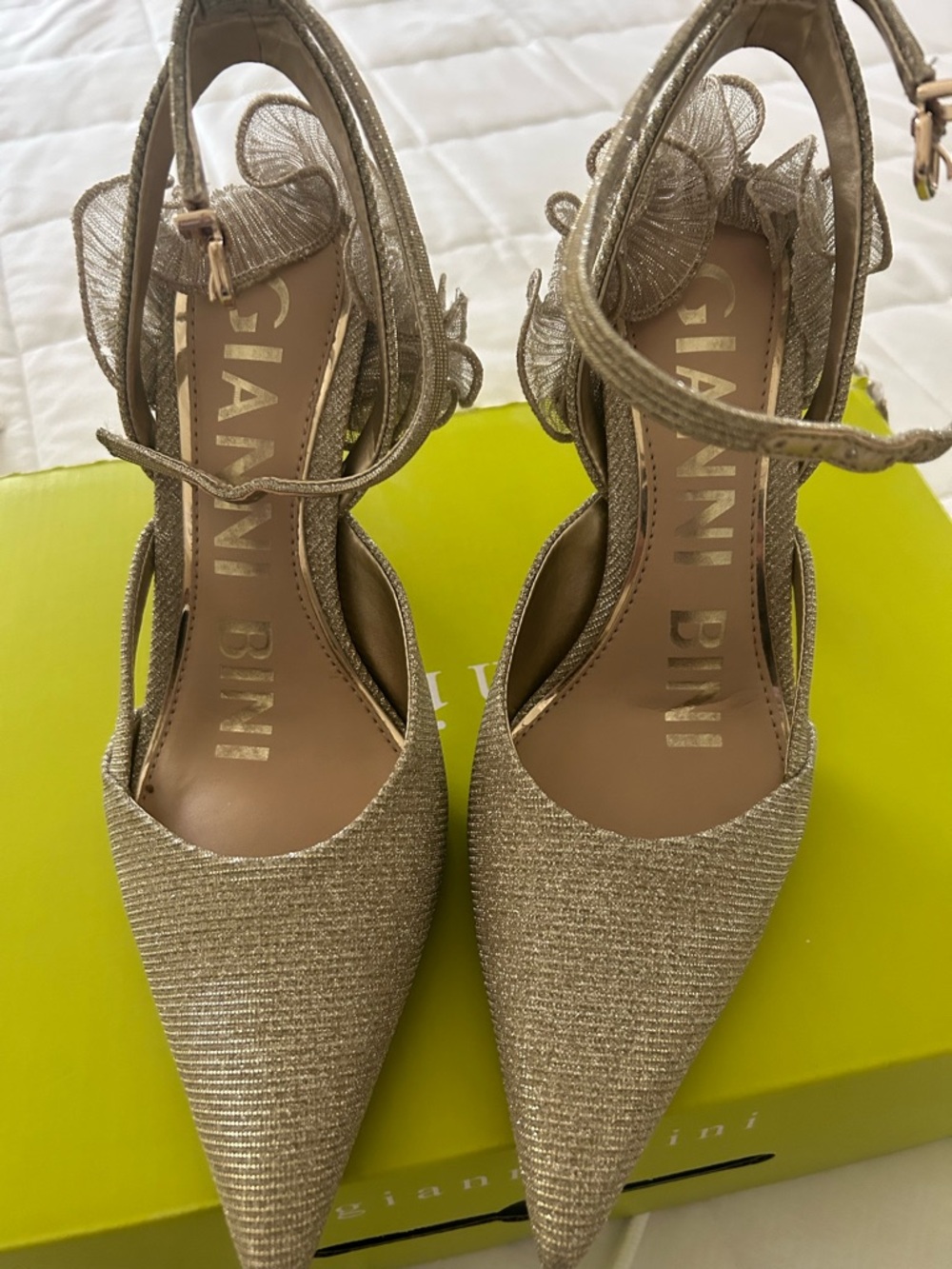 Gianni Bini Gold Pointed-Toe Ankle-Strap Heels with Rosette Detail